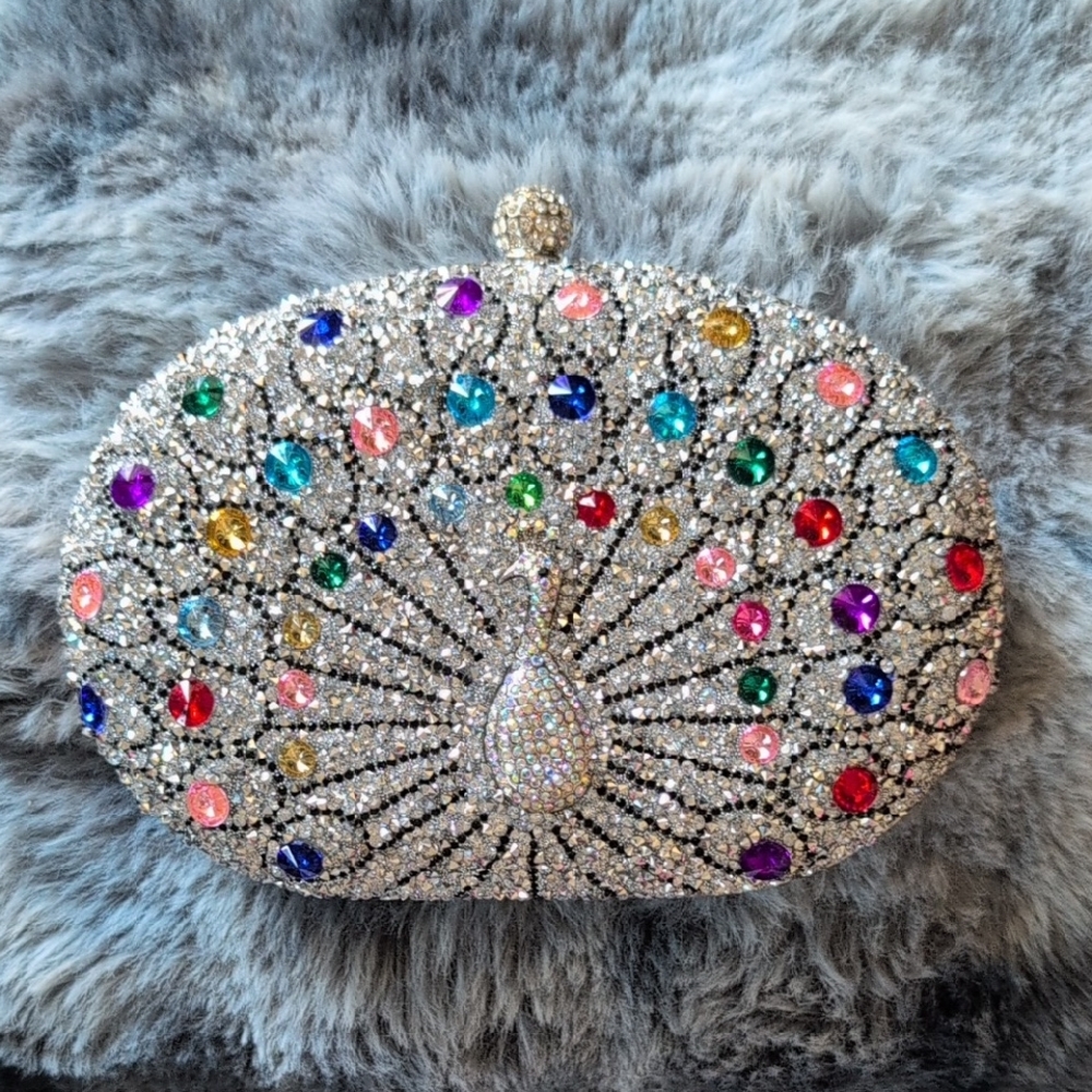 Pearl Silver Clutch with Peacock Multicolor Gems & metal shoulder strap